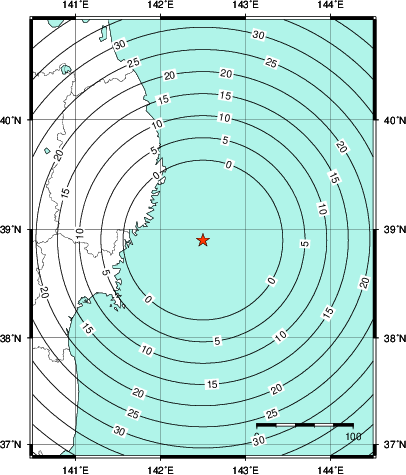 緊急地震速報第1報提供から主要動到達までの時間及び推計震度分布図