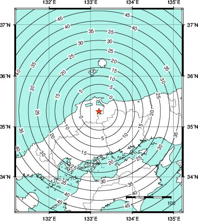 緊急地震速報第1報提供から主要動到達までの時間及び推計震度分布図