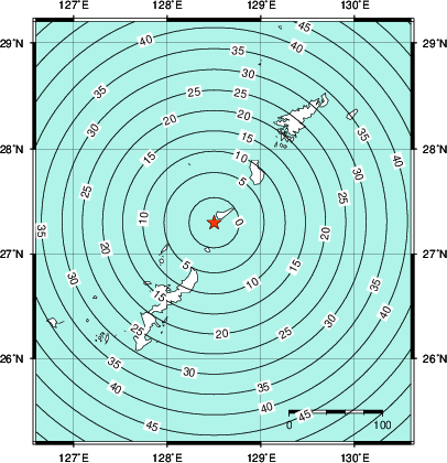 緊急地震速報第1報提供から主要動到達までの時間及び推計震度分布図