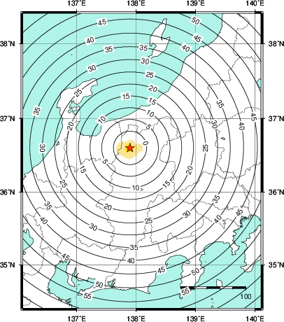 緊急地震速報第1報提供から主要動到達までの時間及び推計震度分布図