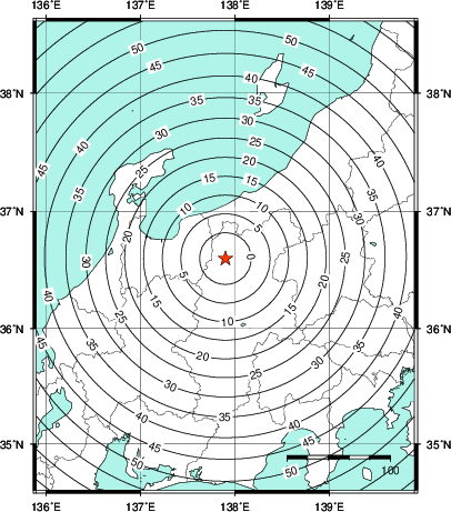 緊急地震速報第1報提供から主要動到達までの時間及び推計震度分布図