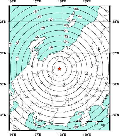 緊急地震速報第1報提供から主要動到達までの時間及び推計震度分布図