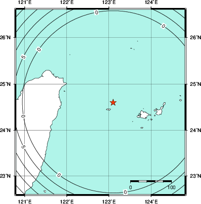 緊急地震速報第1報提供から主要動到達までの時間及び推計震度分布図