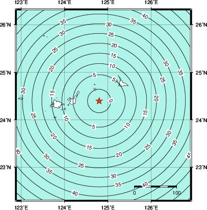 緊急地震速報第1報提供から主要動到達までの時間及び推計震度分布図