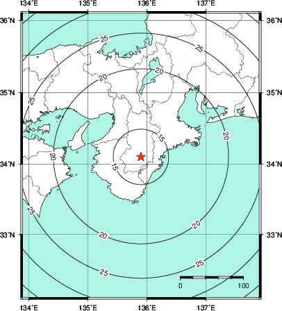 緊急地震速報第1報提供から主要動到達までの時間及び推計震度分布図
