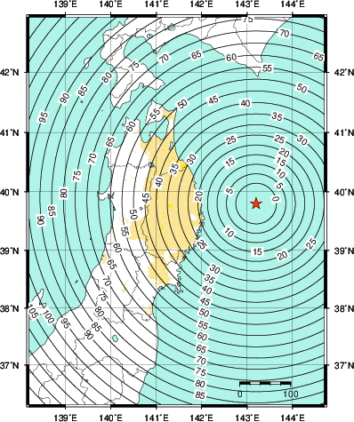 緊急地震速報第1報提供から主要動到達までの時間及び推計震度分布図