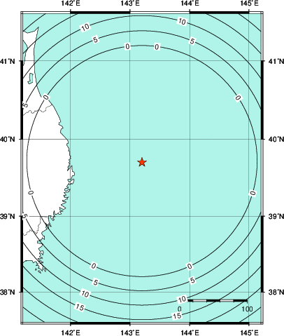 緊急地震速報第1報提供から主要動到達までの時間及び推計震度分布図
