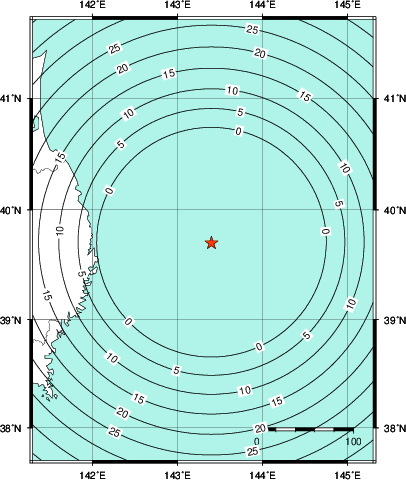 緊急地震速報第1報提供から主要動到達までの時間及び推計震度分布図