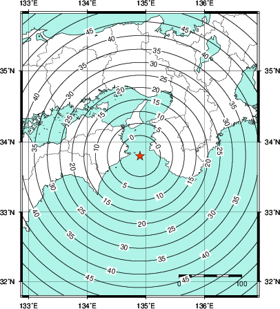 緊急地震速報第1報提供から主要動到達までの時間及び推計震度分布図