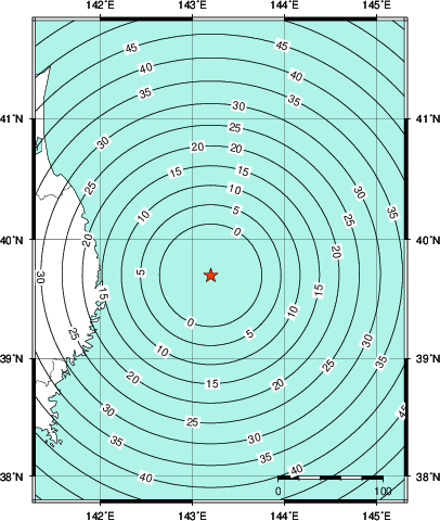 緊急地震速報第1報提供から主要動到達までの時間及び推計震度分布図