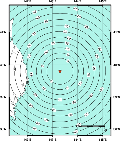 緊急地震速報第1報提供から主要動到達までの時間及び推計震度分布図