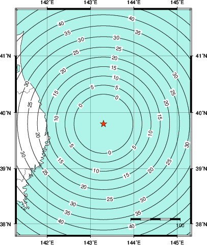 緊急地震速報第1報提供から主要動到達までの時間及び推計震度分布図