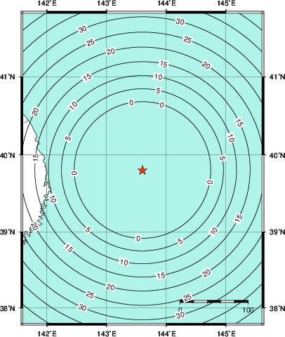 緊急地震速報第1報提供から主要動到達までの時間及び推計震度分布図