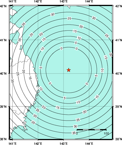 緊急地震速報第1報提供から主要動到達までの時間及び推計震度分布図