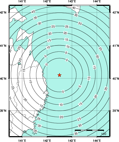 緊急地震速報第1報提供から主要動到達までの時間及び推計震度分布図