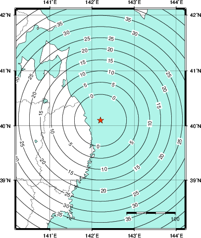 緊急地震速報第1報提供から主要動到達までの時間及び推計震度分布図