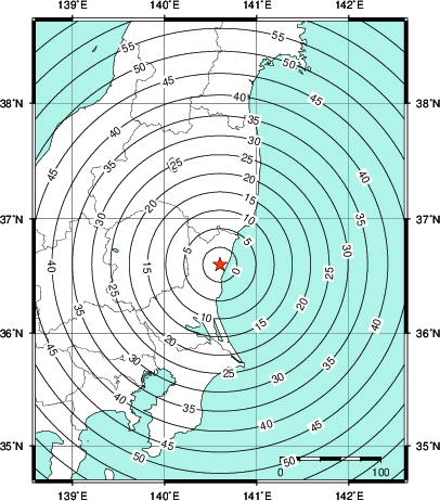 緊急地震速報第1報提供から主要動到達までの時間及び推計震度分布図