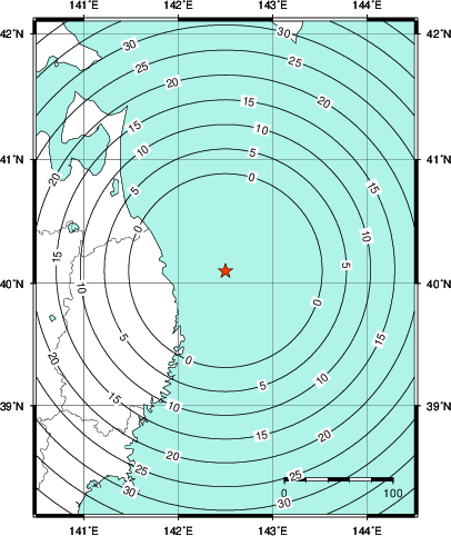 緊急地震速報第1報提供から主要動到達までの時間及び推計震度分布図