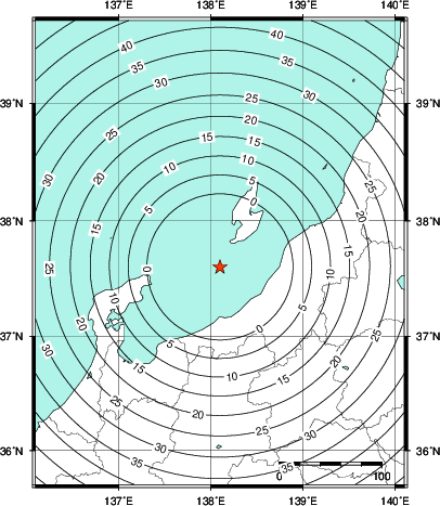 緊急地震速報第1報提供から主要動到達までの時間及び推計震度分布図