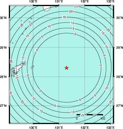 緊急地震速報第1報提供から主要動到達までの時間及び推計震度分布図