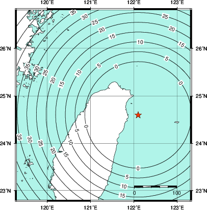 緊急地震速報第1報提供から主要動到達までの時間及び推計震度分布図