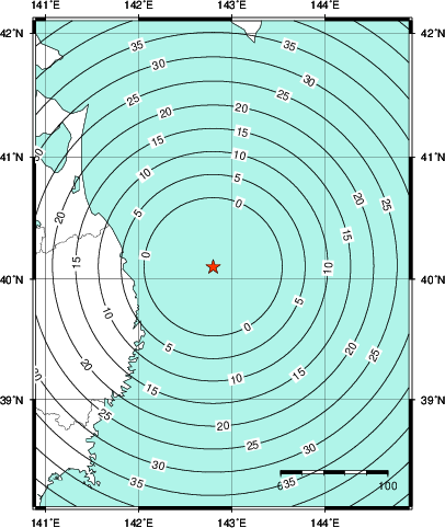 緊急地震速報第1報提供から主要動到達までの時間及び推計震度分布図