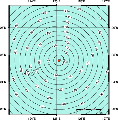 緊急地震速報第1報提供から主要動到達までの時間及び推計震度分布図