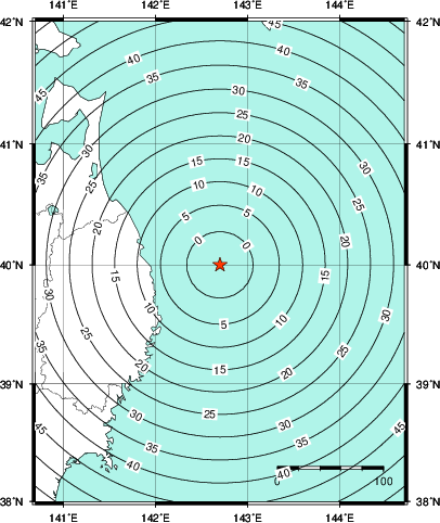 緊急地震速報第1報提供から主要動到達までの時間及び推計震度分布図