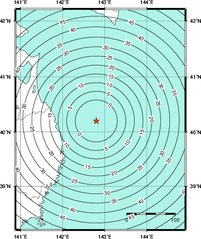 緊急地震速報第1報提供から主要動到達までの時間及び推計震度分布図