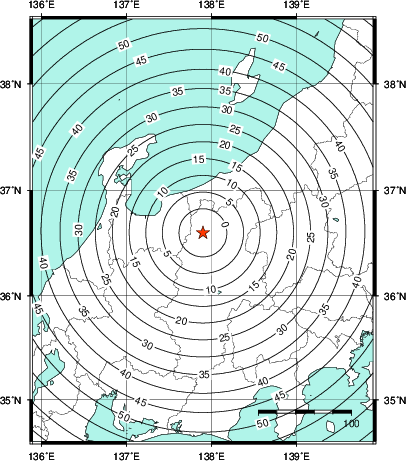 緊急地震速報第1報提供から主要動到達までの時間及び推計震度分布図