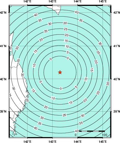 緊急地震速報第1報提供から主要動到達までの時間及び推計震度分布図