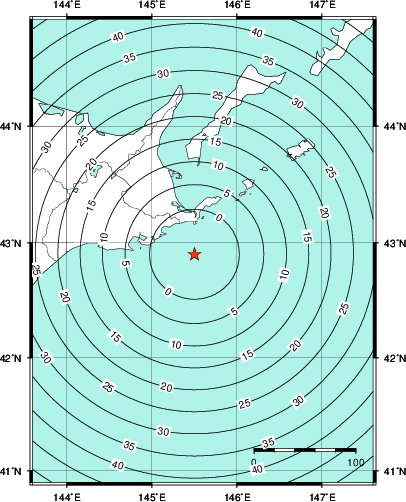 緊急地震速報第1報提供から主要動到達までの時間及び推計震度分布図