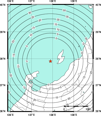 緊急地震速報第1報提供から主要動到達までの時間及び推計震度分布図