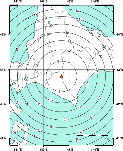 緊急地震速報第1報提供から主要動到達までの時間及び推計震度分布図