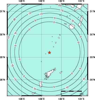 緊急地震速報第1報提供から主要動到達までの時間及び推計震度分布図