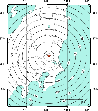 緊急地震速報第1報提供から主要動到達までの時間及び推計震度分布図