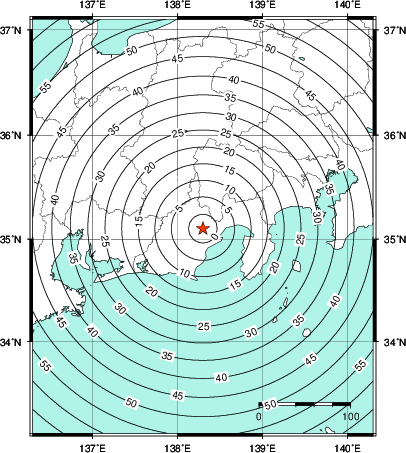緊急地震速報第1報提供から主要動到達までの時間及び推計震度分布図