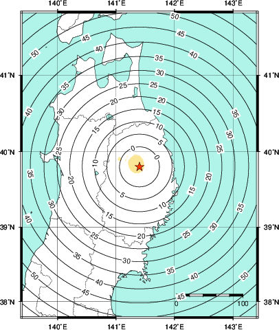 緊急地震速報第1報提供から主要動到達までの時間及び推計震度分布図
