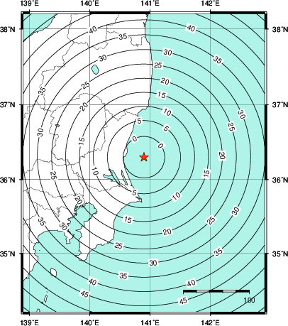 緊急地震速報第1報提供から主要動到達までの時間及び推計震度分布図