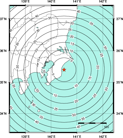 緊急地震速報第1報提供から主要動到達までの時間及び推計震度分布図