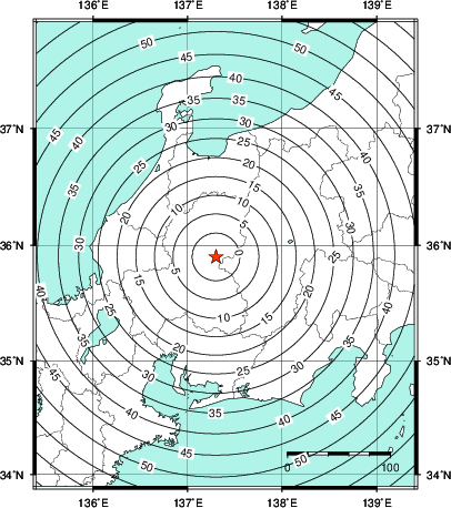 緊急地震速報第1報提供から主要動到達までの時間及び推計震度分布図