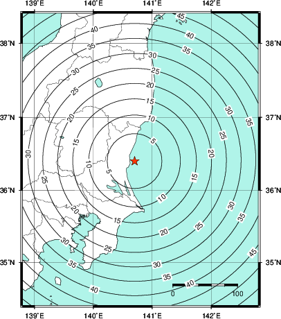 緊急地震速報第1報提供から主要動到達までの時間及び推計震度分布図