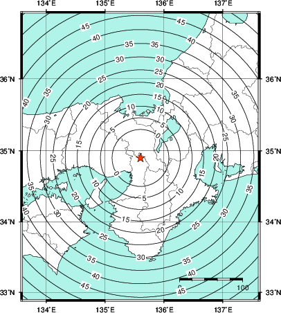 緊急地震速報第1報提供から主要動到達までの時間及び推計震度分布図