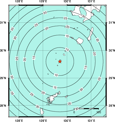 緊急地震速報第1報提供から主要動到達までの時間及び推計震度分布図
