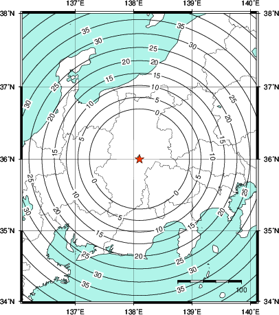 緊急地震速報第1報提供から主要動到達までの時間及び推計震度分布図