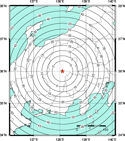 緊急地震速報第1報提供から主要動到達までの時間及び推計震度分布図