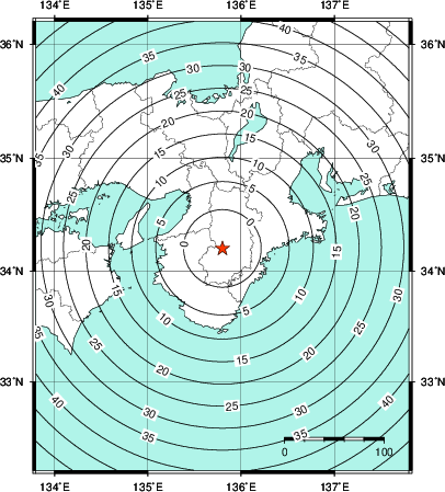 緊急地震速報第1報提供から主要動到達までの時間及び推計震度分布図