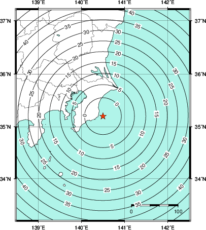 緊急地震速報第1報提供から主要動到達までの時間及び推計震度分布図