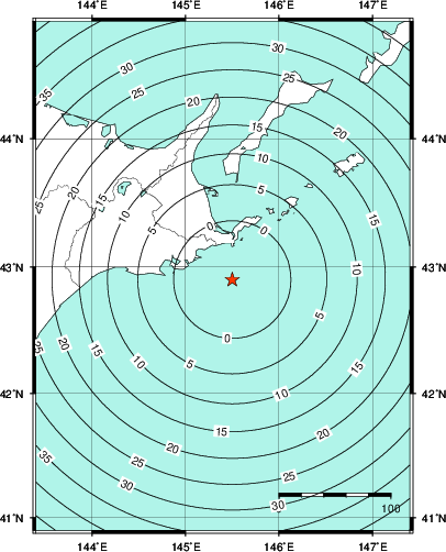 緊急地震速報第1報提供から主要動到達までの時間及び推計震度分布図