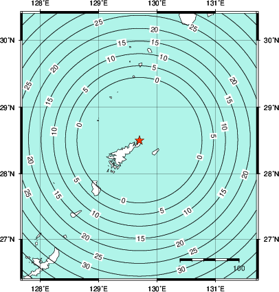 緊急地震速報第1報提供から主要動到達までの時間及び推計震度分布図